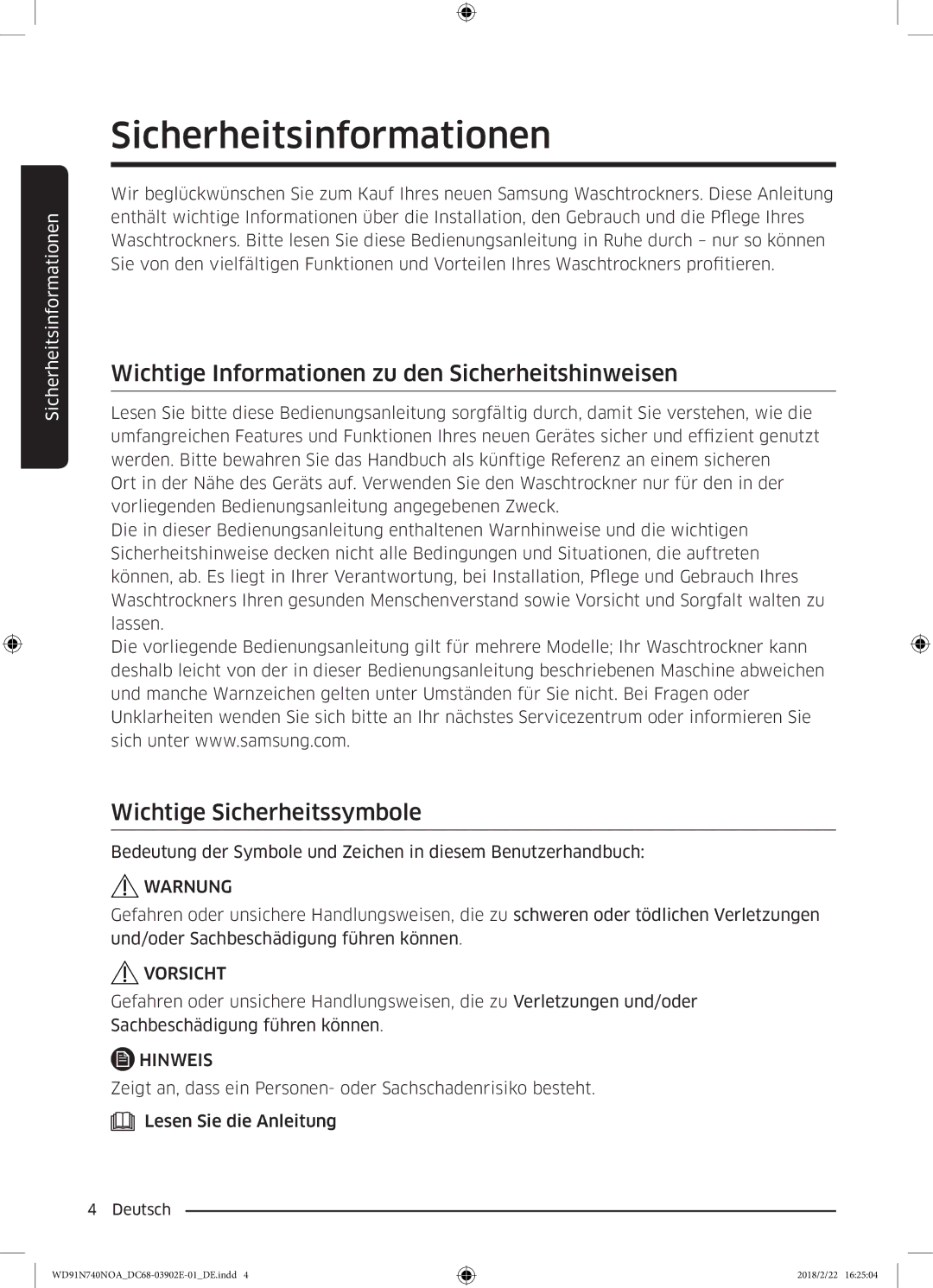 Samsung WD8XN740NOA/EG, WD91N740NOA/EG manual Sicherheitsinformationen, Wichtige Informationen zu den Sicherheitshinweisen 