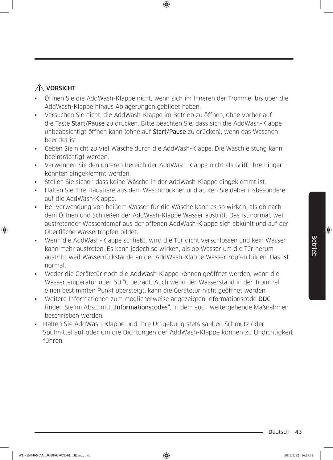 Samsung WD91N740NOA/EG, WD8XN740NOA/EG manual Vorsicht 