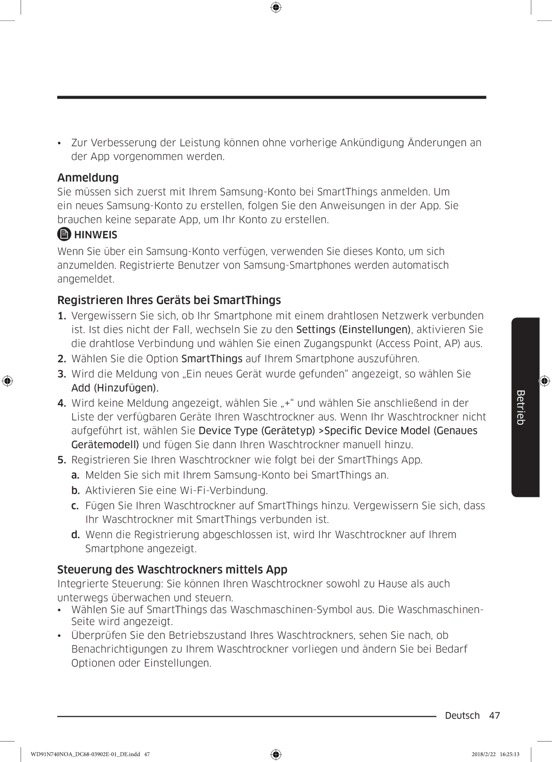 Samsung WD91N740NOA/EG, WD8XN740NOA/EG manual Anmeldung 