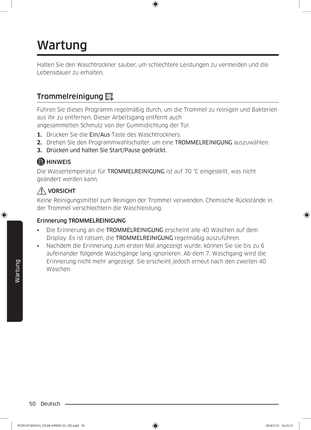 Samsung WD8XN740NOA/EG, WD91N740NOA/EG manual Wartung, Trommelreinigung 