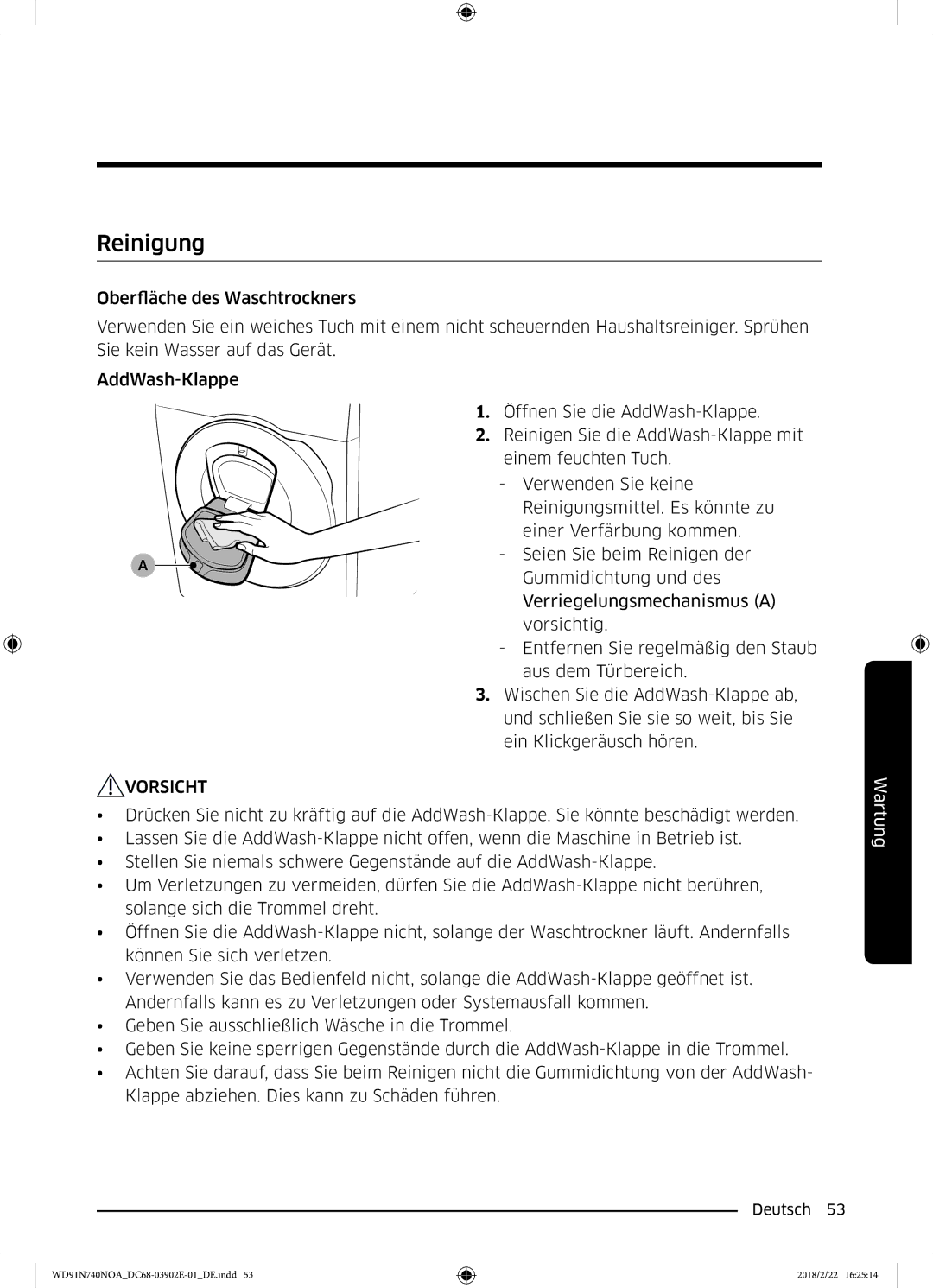 Samsung WD91N740NOA/EG, WD8XN740NOA/EG manual Reinigung 