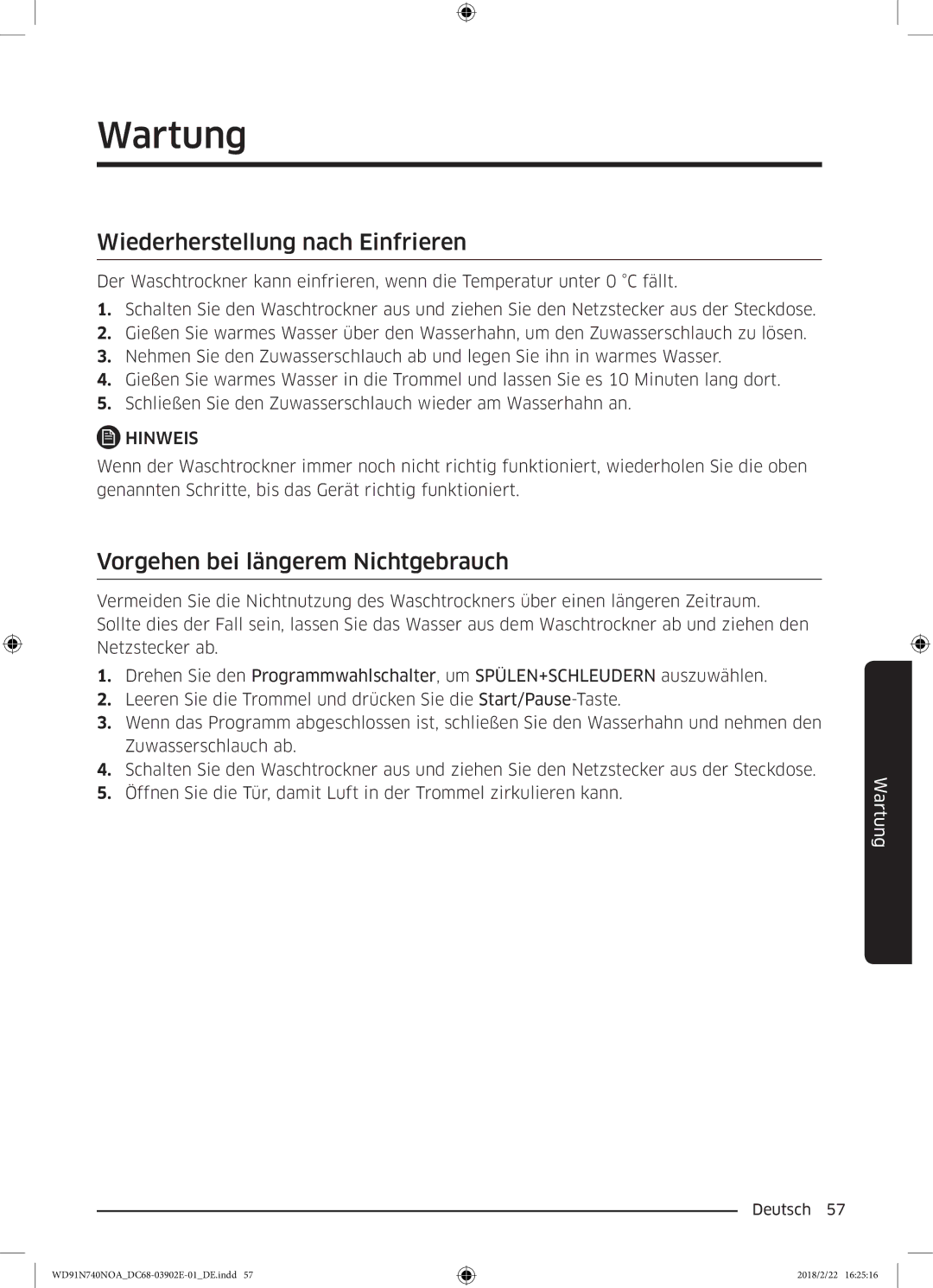 Samsung WD91N740NOA/EG, WD8XN740NOA/EG manual Wiederherstellung nach Einfrieren, Vorgehen bei längerem Nichtgebrauch 