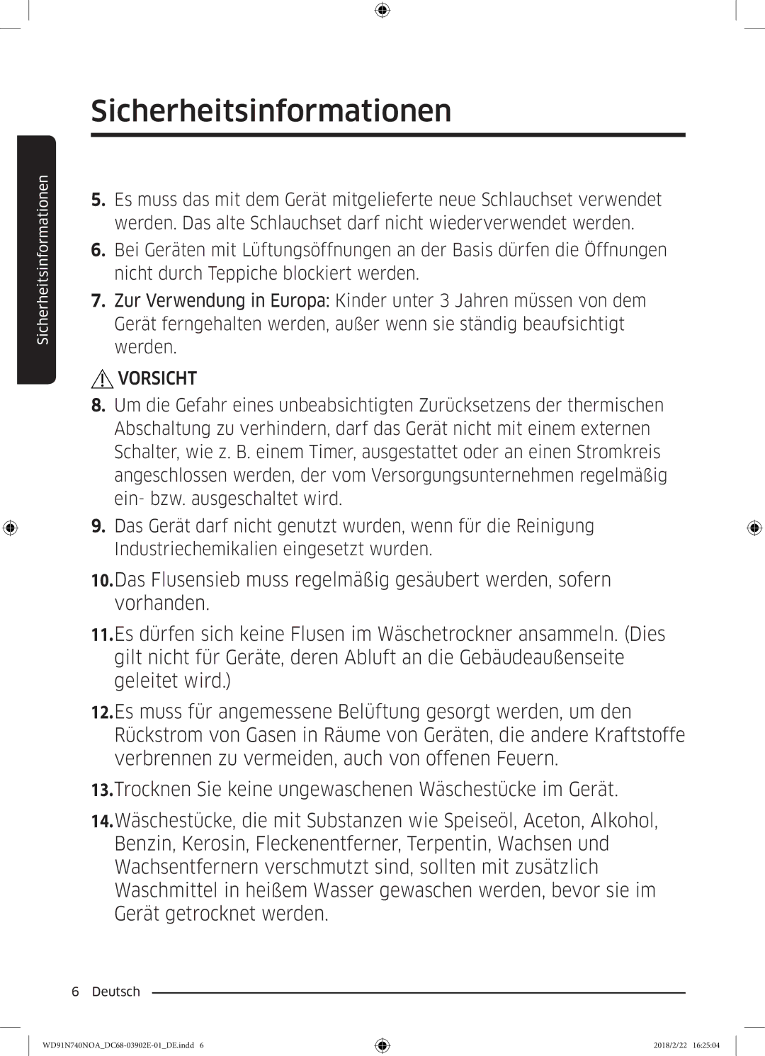 Samsung WD8XN740NOA/EG, WD91N740NOA/EG manual Vorsicht 