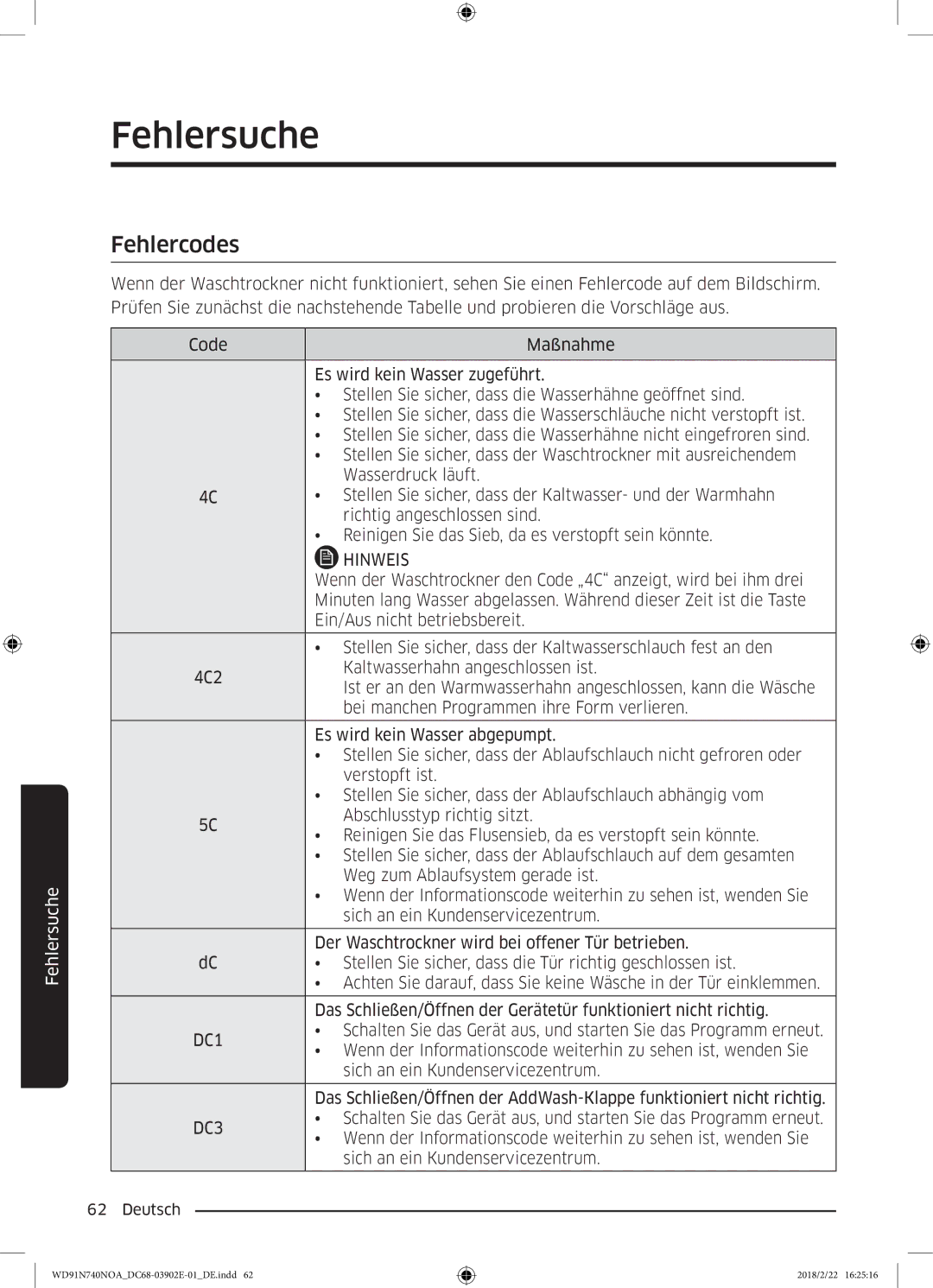 Samsung WD8XN740NOA/EG, WD91N740NOA/EG manual Fehlercodes 