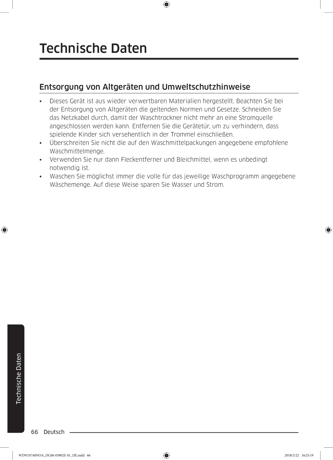 Samsung WD8XN740NOA/EG, WD91N740NOA/EG manual Technische Daten, Entsorgung von Altgeräten und Umweltschutzhinweise 