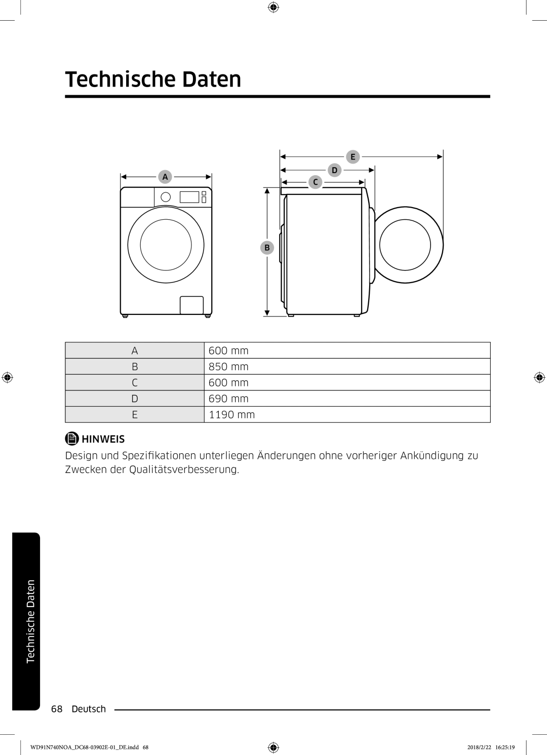 Samsung WD8XN740NOA/EG, WD91N740NOA/EG manual 600 mm 