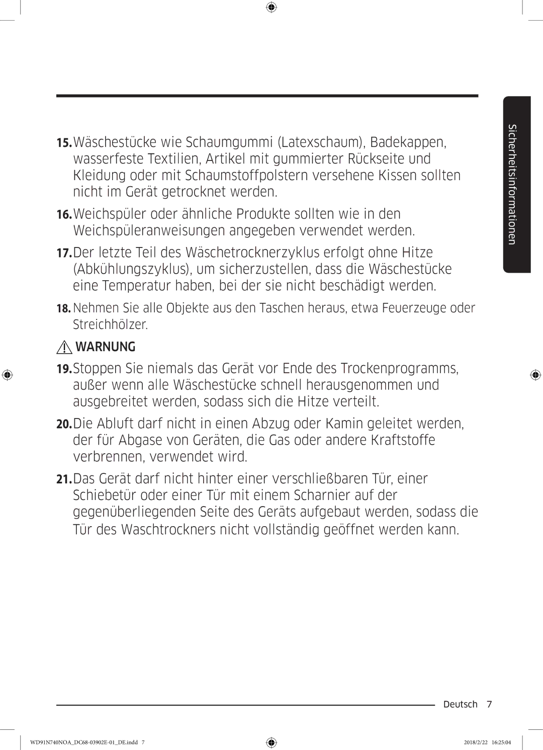 Samsung WD91N740NOA/EG, WD8XN740NOA/EG manual Warnung 