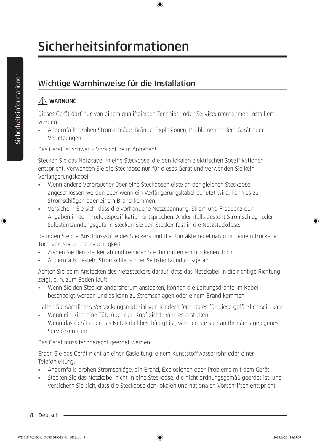 Samsung WD8XN740NOA/EG, WD91N740NOA/EG manual Wichtige Warnhinweise für die Installation 