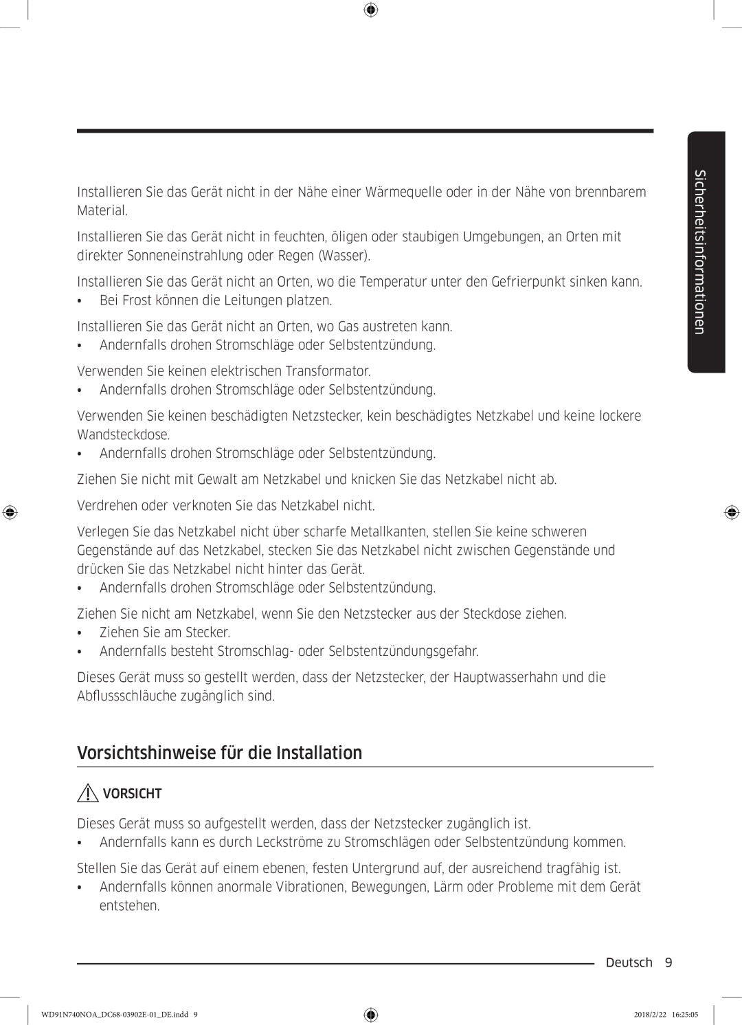 Samsung WD91N740NOA/EG, WD8XN740NOA/EG manual Vorsichtshinweise für die Installation 