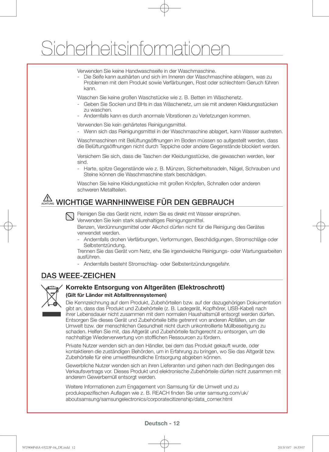 Samsung WD906P4SAWQ/EG, WD806P4SAWQ/EG manual Das Weee-Zeichen 