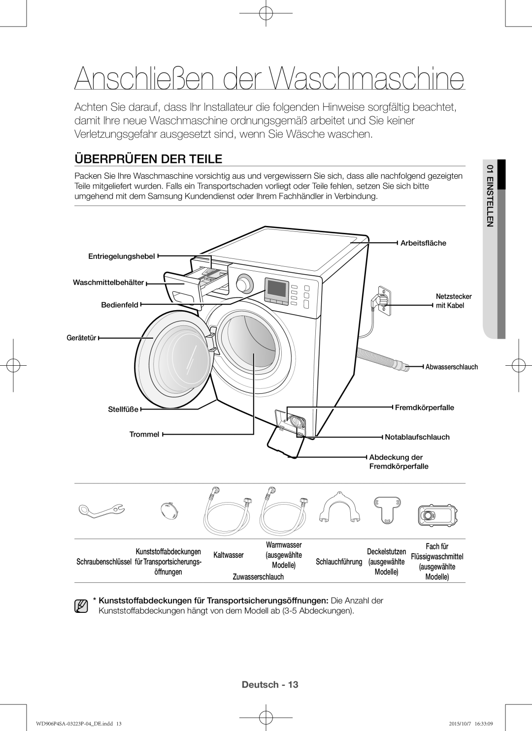 Samsung WD806P4SAWQ/EG, WD906P4SAWQ/EG manual Überprüfen der Teile, Fach für, Kaltwasser, Zuwasserschlauch 