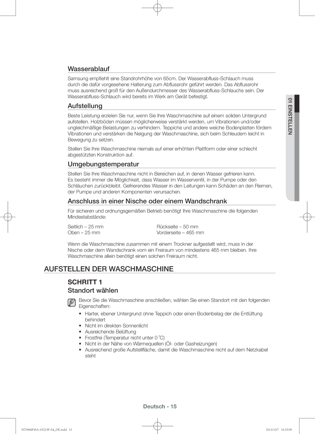 Samsung WD806P4SAWQ/EG, WD906P4SAWQ/EG manual Aufstellen der Waschmaschine 