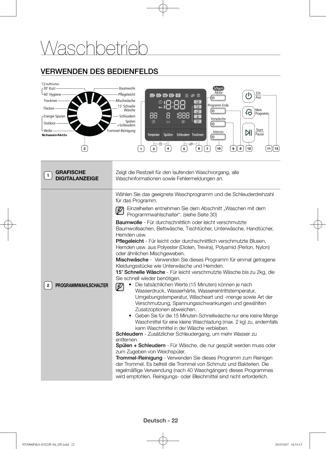 Samsung WD906P4SAWQ/EG, WD806P4SAWQ/EG manual Verwenden des Bedienfelds, Grafische, Digitalanzeige 