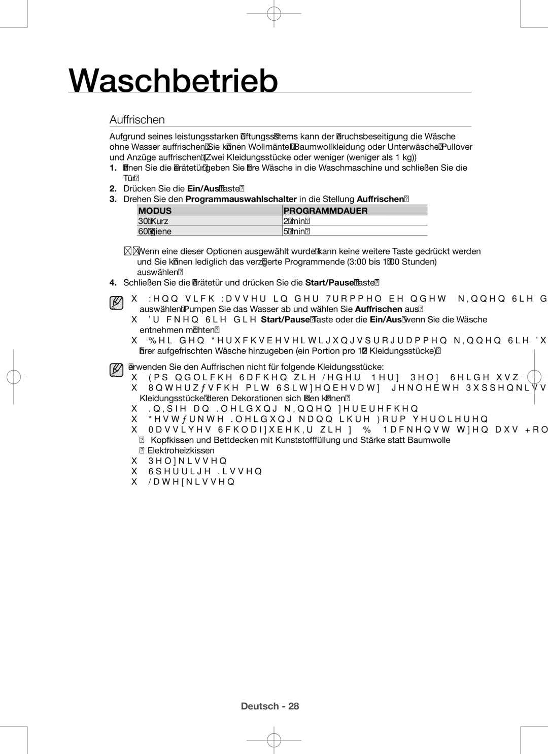 Samsung WD906P4SAWQ/EG, WD806P4SAWQ/EG manual Auffrischen, Modus, 30’ Kurz 60’ Hygiene, Programmdauer 