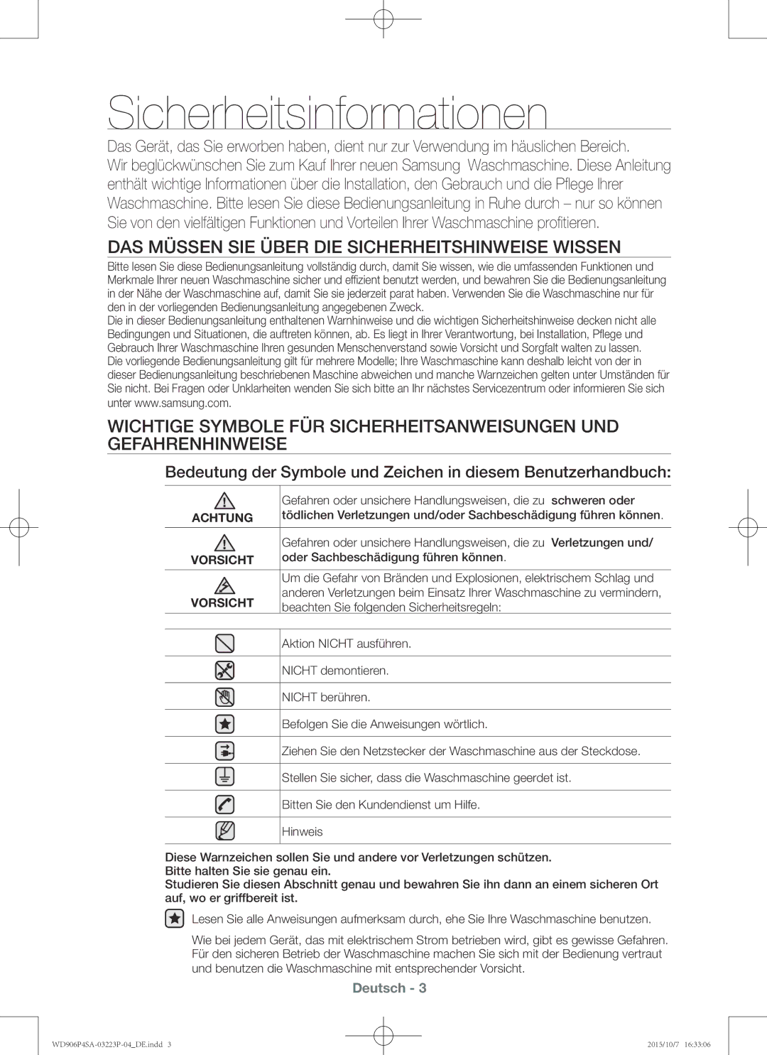 Samsung WD806P4SAWQ/EG, WD906P4SAWQ/EG manual Sicherheitsinformationen, Achtung, Vorsicht 