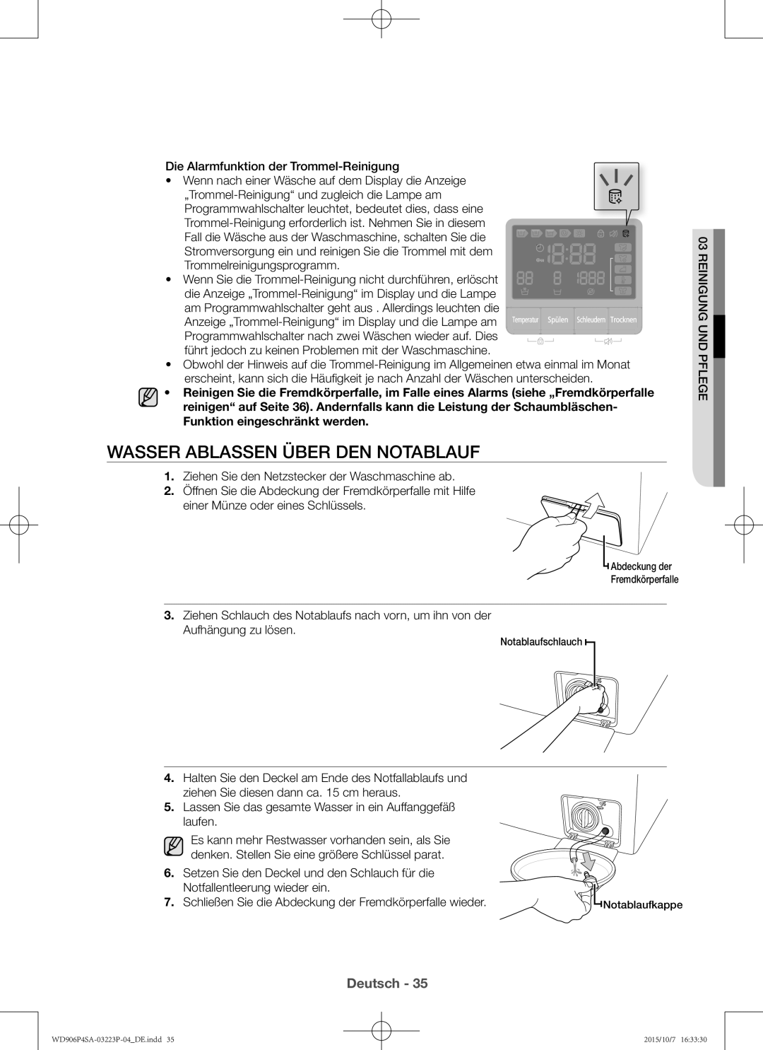 Samsung WD806P4SAWQ/EG, WD906P4SAWQ/EG manual Wasser ablassen über den Notablauf 