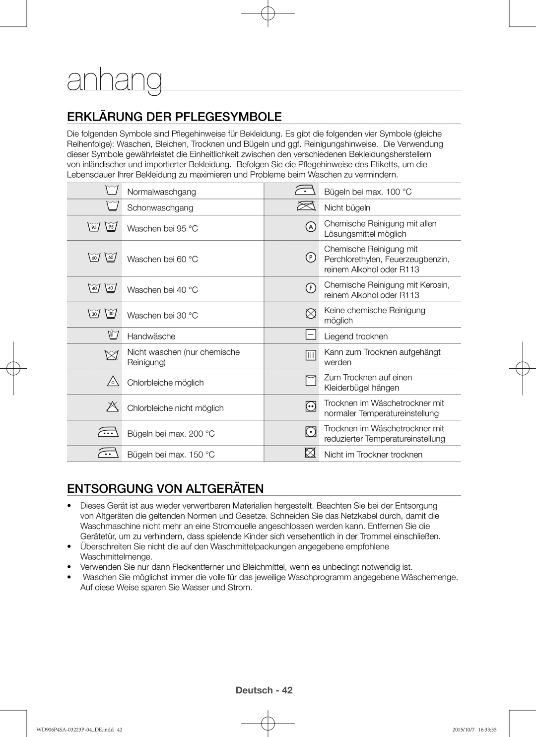 Samsung WD906P4SAWQ/EG, WD806P4SAWQ/EG manual Anhang, Erklärung der Pflegesymbole, Entsorgung von Altgeräten 