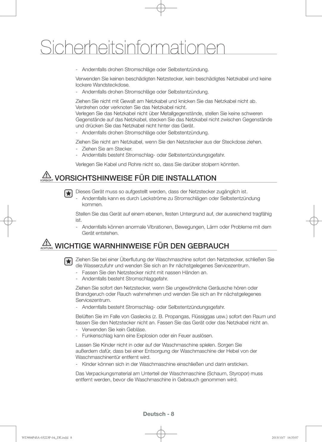 Samsung WD906P4SAWQ/EG, WD806P4SAWQ/EG manual Vorsicht Vorsichtshinweise FÜR DIE Installation 