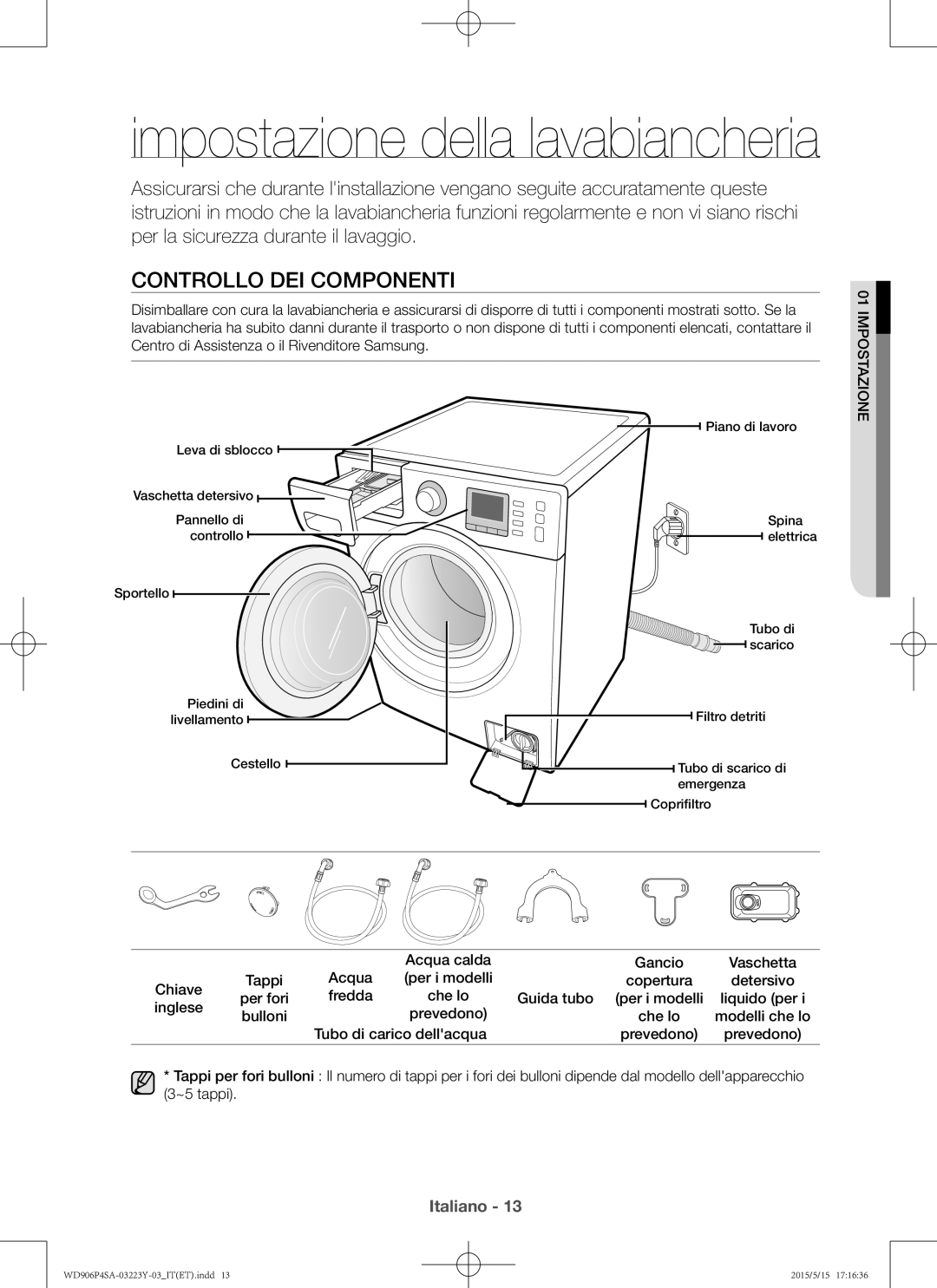 Samsung WD906P4SAWQ/ET manual Controllo dei componenti, Acqua calda Gancio Vaschetta Chiave 