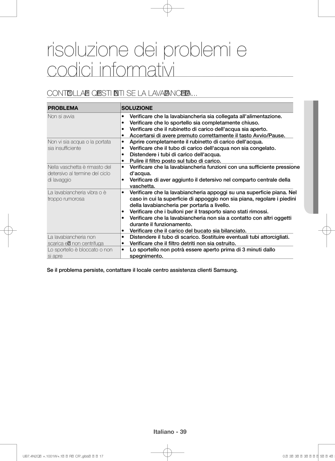 Samsung WD906P4SAWQ/ET manual Controllare questi punti se la lavabiancheria, Problema Soluzione 