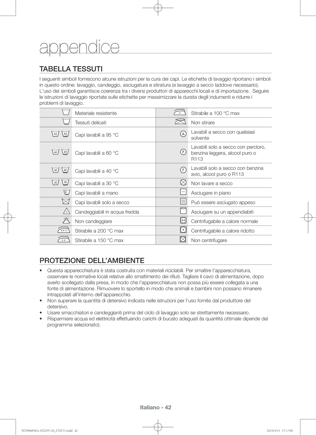 Samsung WD906P4SAWQ/ET manual Tabella tessuti, Protezione dell’ambiente 