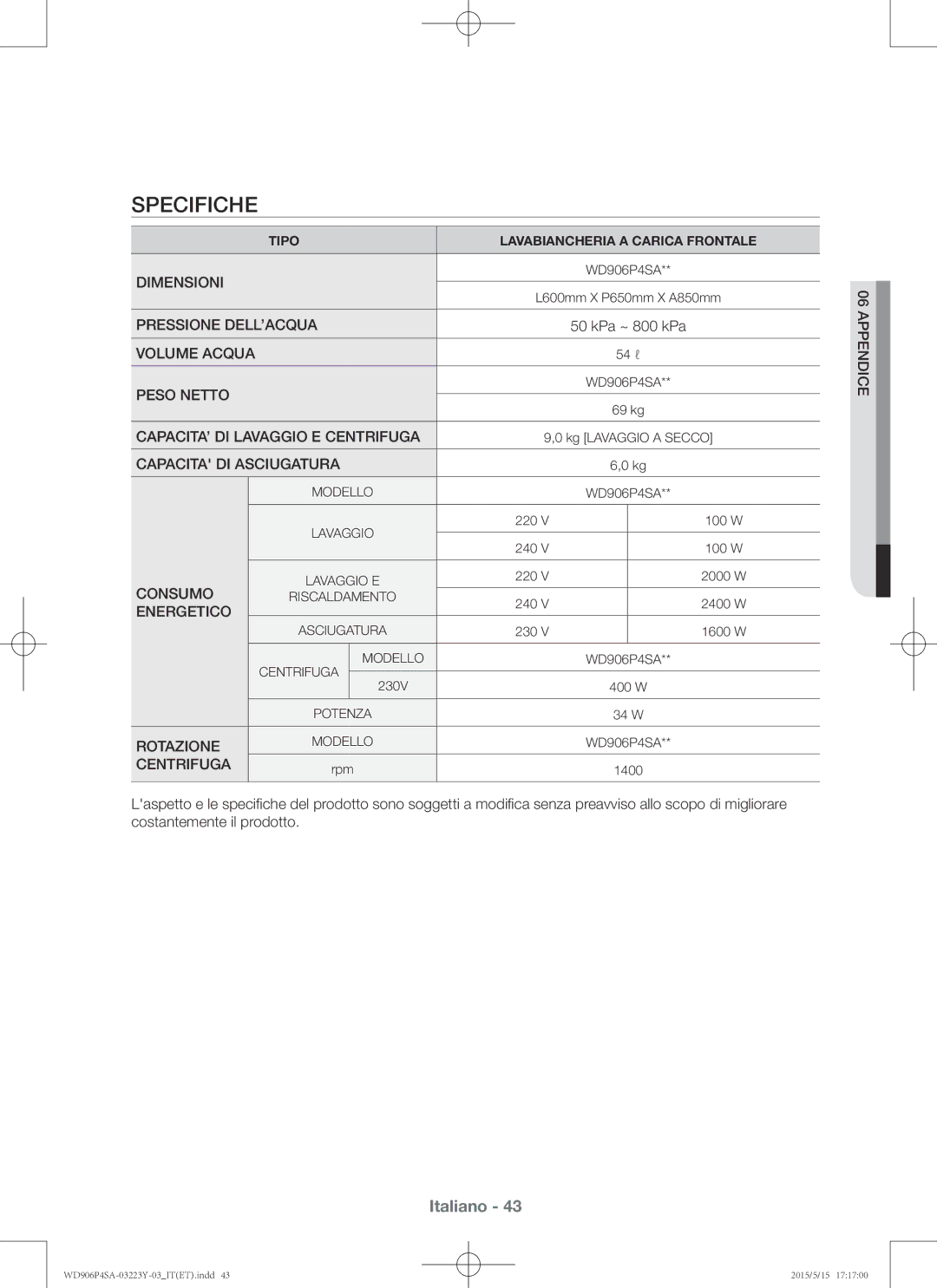 Samsung WD906P4SAWQ/ET manual Specifiche, Centrifuga 