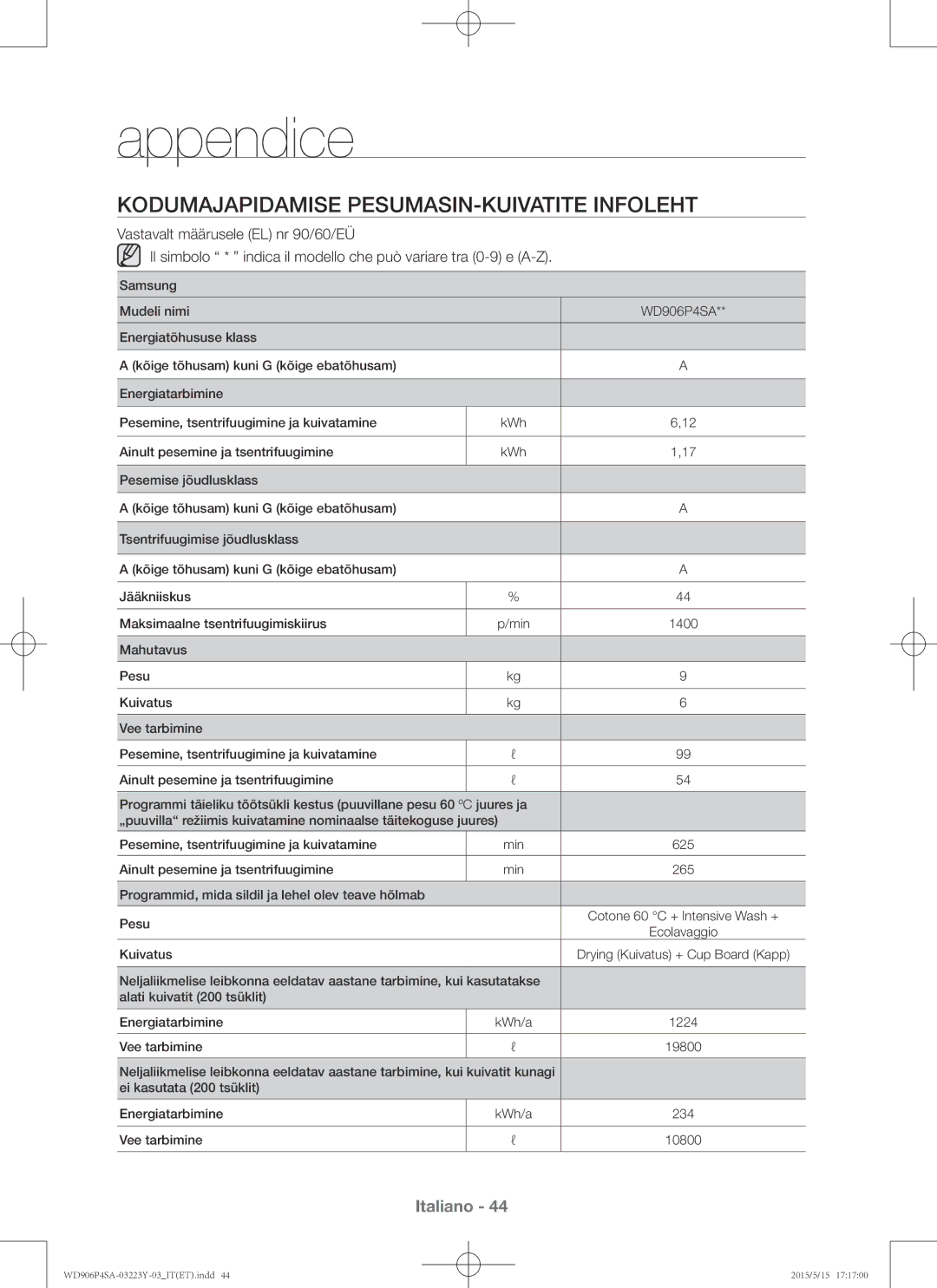 Samsung WD906P4SAWQ/ET manual Kodumajapidamise pesumasin-kuivatite infoleht 