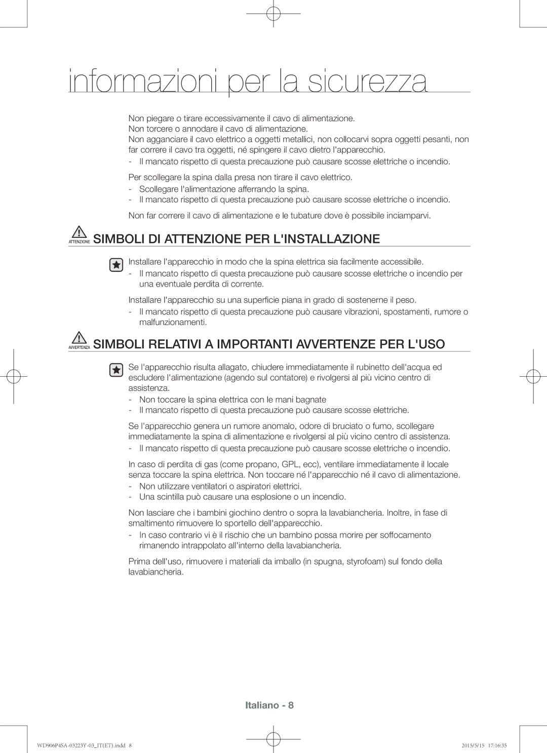 Samsung WD906P4SAWQ/ET manual Avvertenza Simboli Relativi a Importanti Avvertenze PER Luso 