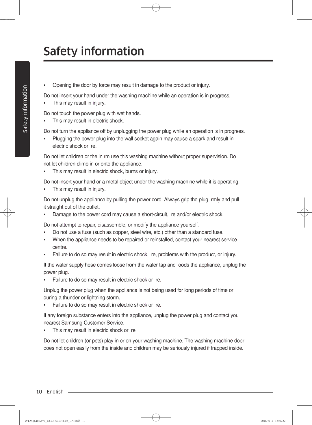 Samsung WD90J6400AX/EE, WD90J6400AW/EG, WD80J6400AW/EG, WD80J6400AW/WS, WD80J6400AW/EE, WD90J6400AW/EE manual Safety information 