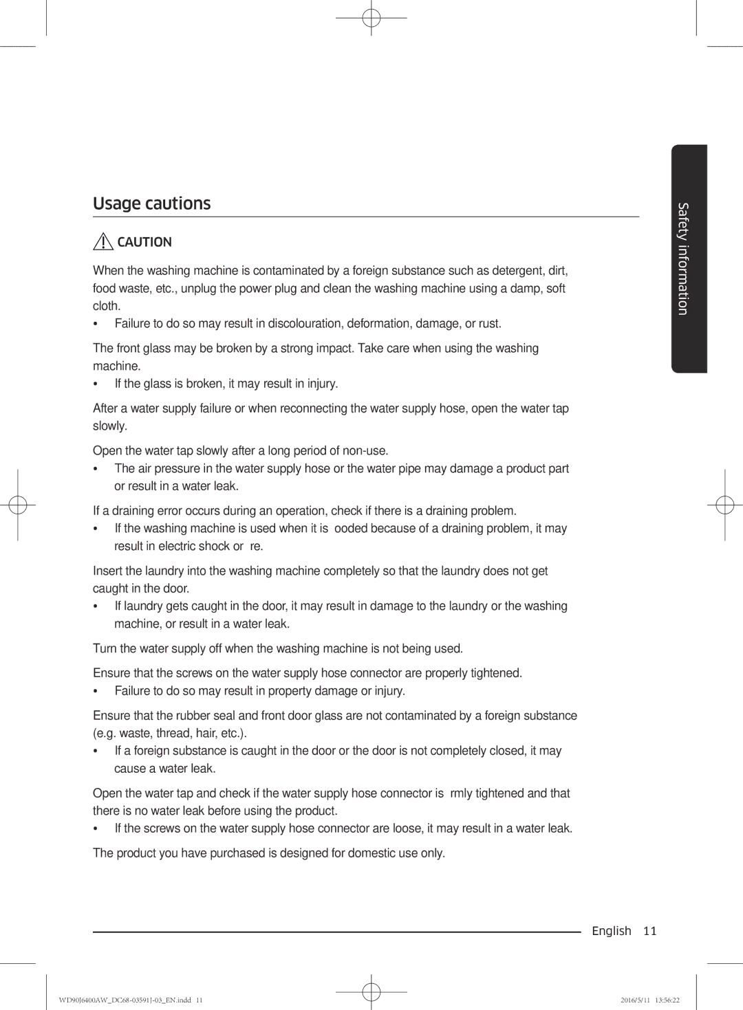 Samsung WD90J6400AW/EE, WD90J6400AW/EG, WD80J6400AW/EG, WD80J6400AW/WS, WD80J6400AW/EE, WD90J6400AX/EE manual Usage cautions 