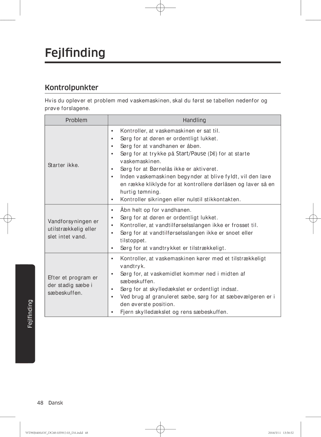 Samsung WD90J6400AX/EE, WD90J6400AW/EG, WD80J6400AW/EG, WD80J6400AW/WS, WD80J6400AW/EE manual Fejlfinding, Kontrolpunkter 