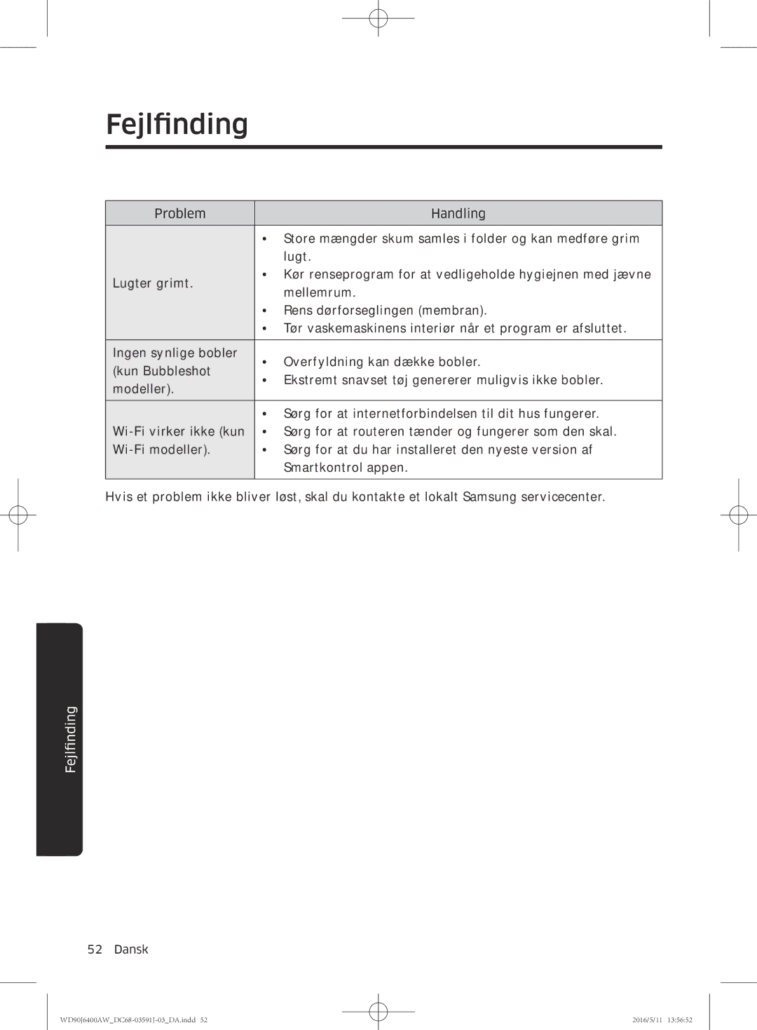 Samsung WD80J6400AW/WS, WD90J6400AW/EG, WD80J6400AW/EG, WD80J6400AW/EE, WD90J6400AX/EE, WD90J6400AW/EE manual Fejlfinding 