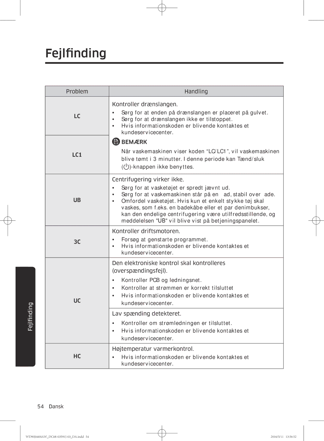 Samsung WD90J6400AX/EE, WD90J6400AW/EG, WD80J6400AW/EG manual Når vaskemaskinen viser koden LC/LC1, vil vaskemaskinen 