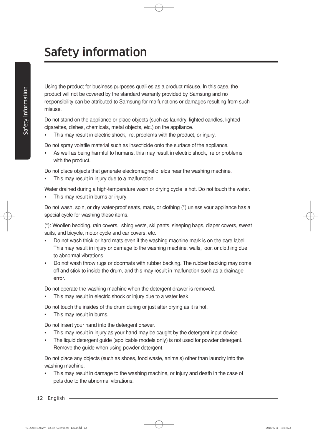 Samsung WD90J6400AW/EG, WD80J6400AW/EG, WD80J6400AW/WS, WD80J6400AW/EE, WD90J6400AX/EE, WD90J6400AW/EE manual Safety information 