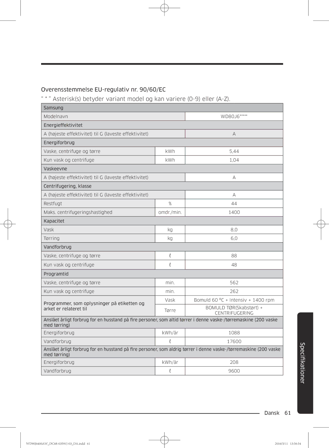 Samsung WD90J6400AW/EE, WD90J6400AW/EG, WD80J6400AW/EG, WD80J6400AW/WS, WD80J6400AW/EE, WD90J6400AX/EE manual FikationerSpci 