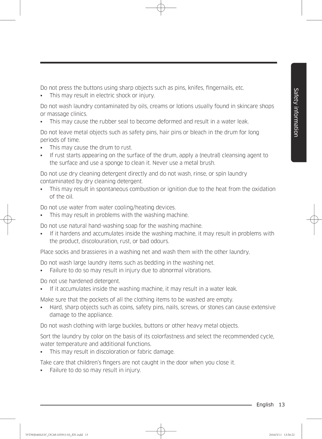 Samsung WD80J6400AW/EG, WD90J6400AW/EG, WD80J6400AW/WS, WD80J6400AW/EE, WD90J6400AX/EE, WD90J6400AW/EE manual Safety information 