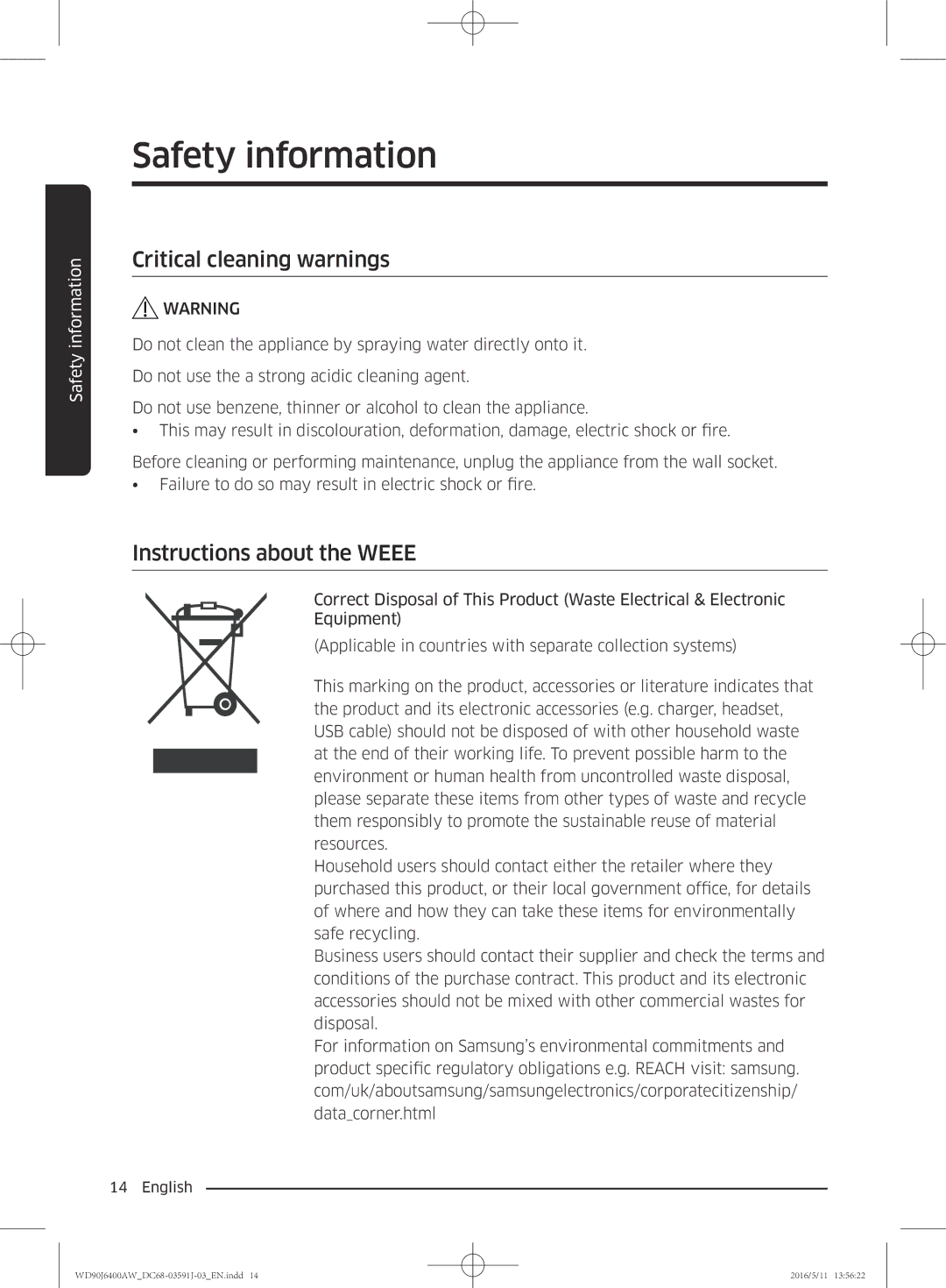 Samsung WD80J6400AW/WS, WD90J6400AW/EG, WD80J6400AW/EG manual Critical cleaning warnings, Instructions about the Weee 