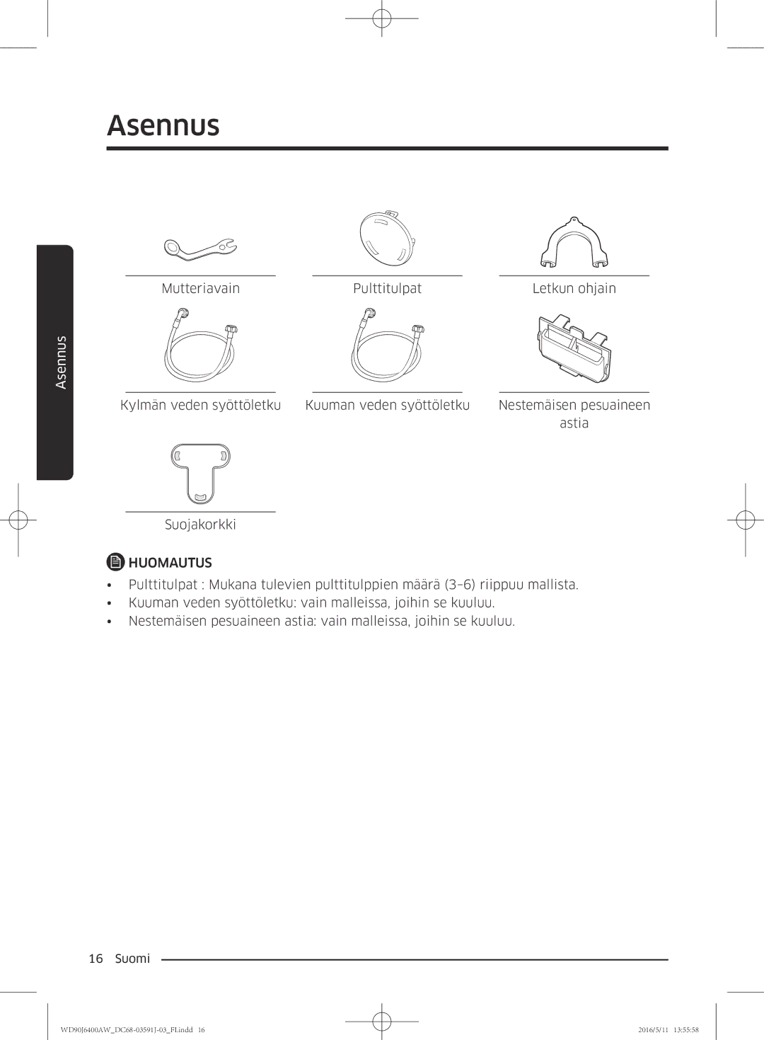 Samsung WD90J6400AW/EG, WD80J6400AW/EG, WD80J6400AW/WS, WD80J6400AW/EE manual Mutteriavain Pulttitulpat Letkun ohjain 