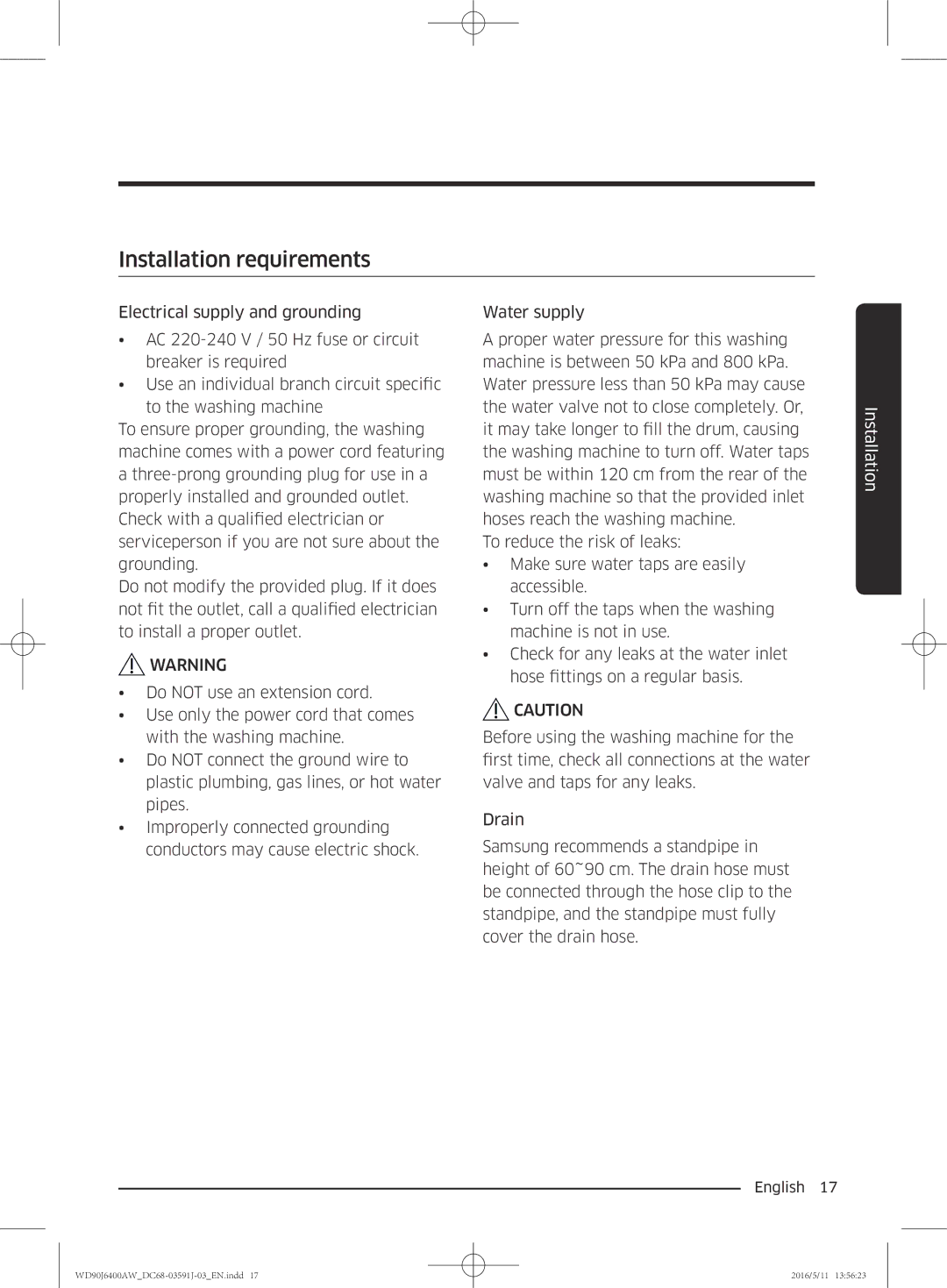 Samsung WD90J6400AW/EE, WD90J6400AW/EG, WD80J6400AW/EG, WD80J6400AW/WS, WD80J6400AW/EE manual Installation requirements 