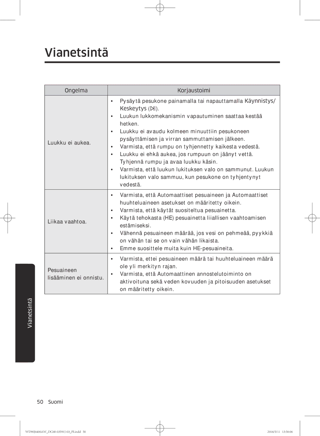 Samsung WD90J6400AX/EE, WD90J6400AW/EG, WD80J6400AW/EG, WD80J6400AW/WS, WD80J6400AW/EE, WD90J6400AW/EE manual Vianetsintä 