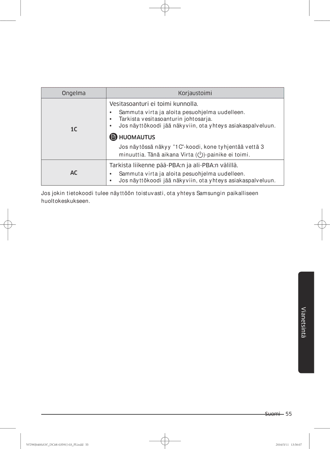 Samsung WD80J6400AW/EE, WD90J6400AW/EG, WD80J6400AW/EG, WD80J6400AW/WS Jos näytössä näkyy 1C-koodi, kone tyhjentää vettä 