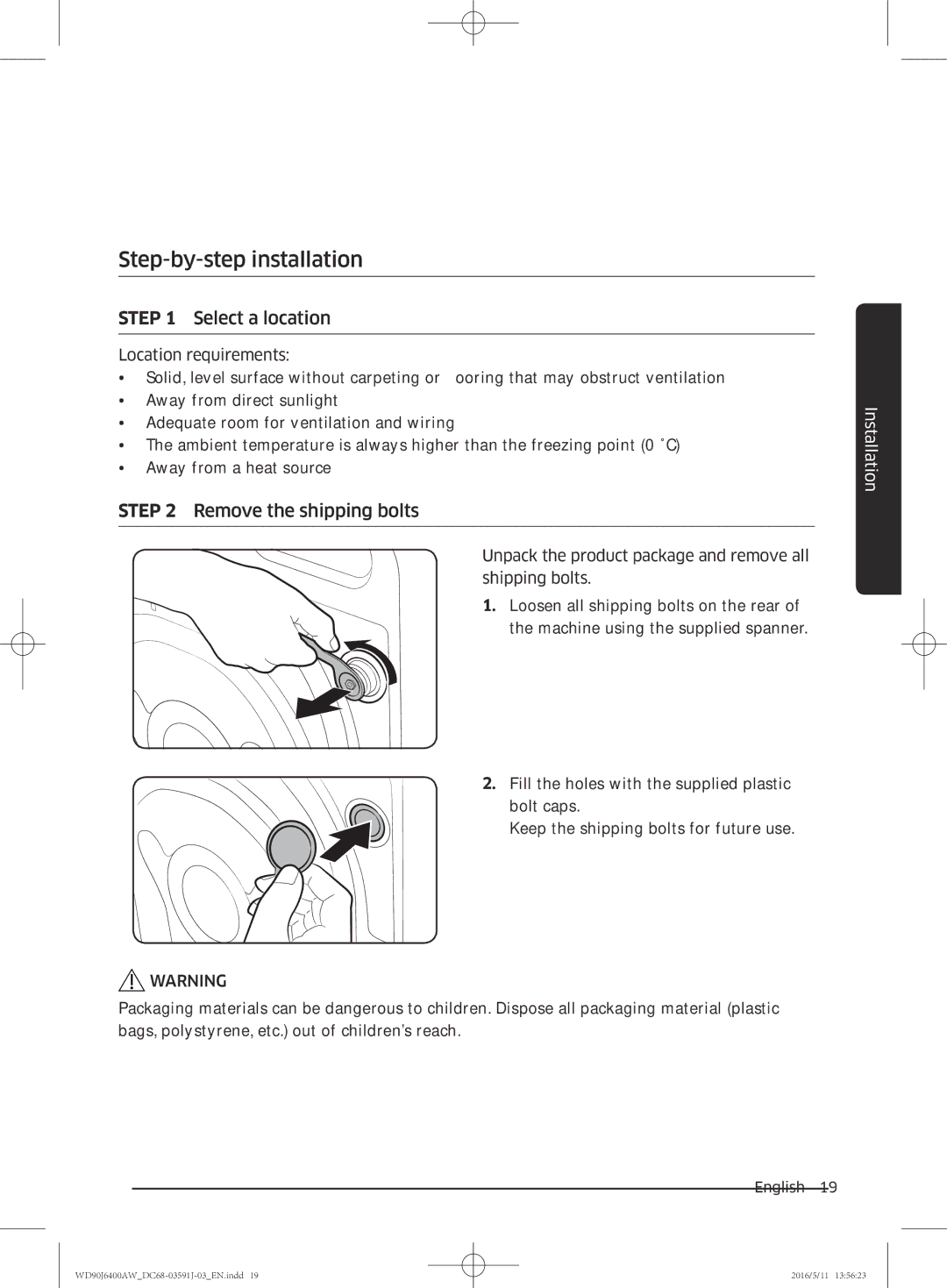 Samsung WD80J6400AW/EG, WD90J6400AW/EG, WD80J6400AW/WS, WD80J6400AW/EE manual Step-by-step installation, Select a location 