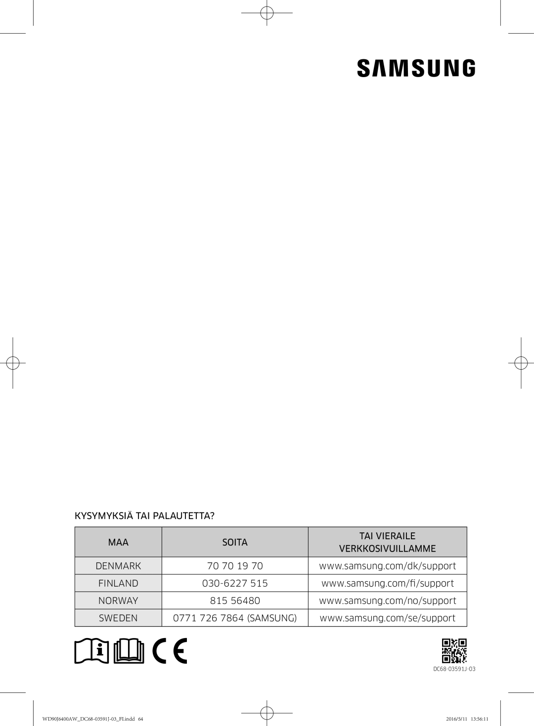 Samsung WD90J6400AW/EG, WD80J6400AW/EG, WD80J6400AW/WS manual DC68-03591J-03 WD90J6400AWDC68-03591J-03FI.indd 2016/5/11 