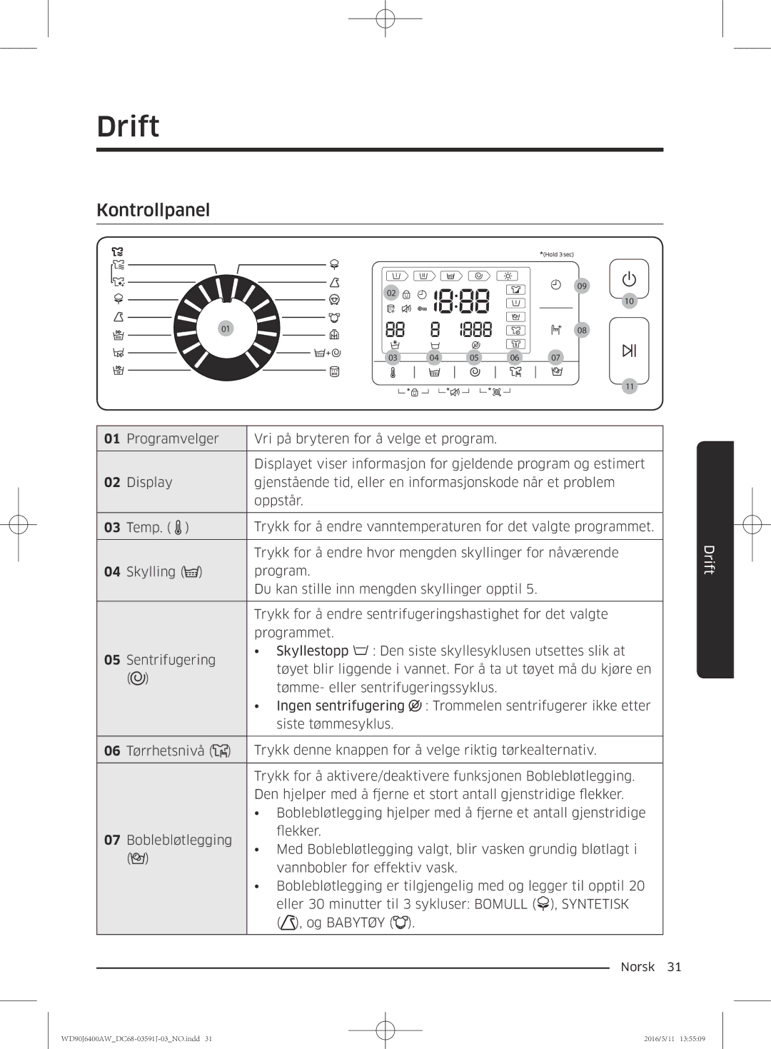 Samsung WD80J6400AW/EG, WD90J6400AW/EG, WD80J6400AW/WS, WD80J6400AW/EE, WD90J6400AX/EE, WD90J6400AW/EE Drift, Kontrollpanel 