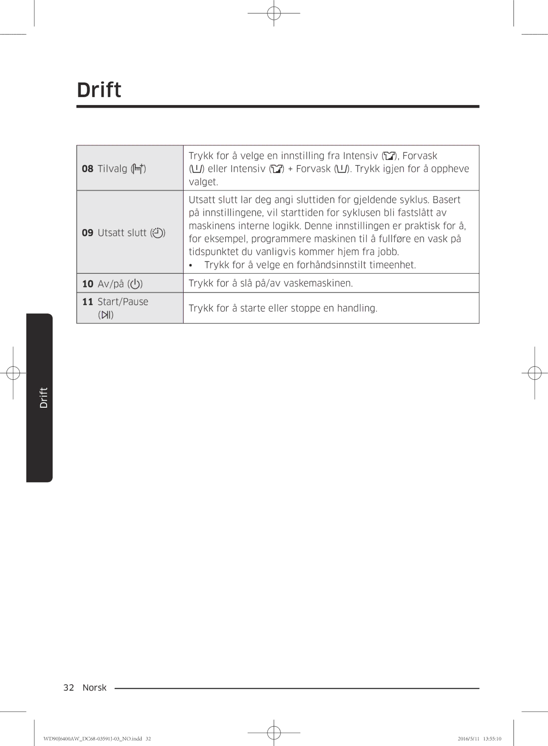 Samsung WD80J6400AW/WS, WD90J6400AW/EG, WD80J6400AW/EG manual Trykk for å velge en innstilling fra Intensiv , Forvask 