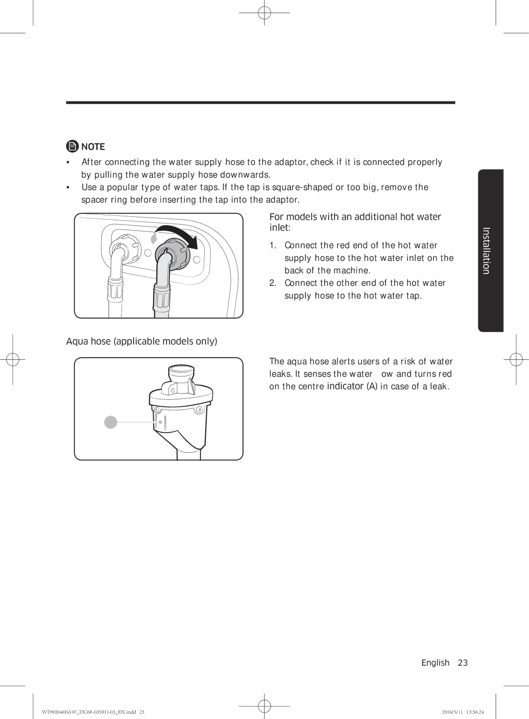 Samsung WD90J6400AW/EE, WD90J6400AW/EG, WD80J6400AW/EG, WD80J6400AW/WS, WD80J6400AW/EE, WD90J6400AX/EE manual Installation 