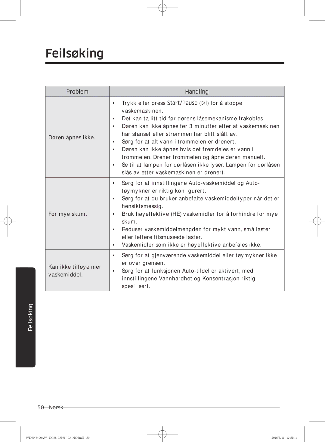 Samsung WD80J6400AW/WS, WD90J6400AW/EG, WD80J6400AW/EG, WD80J6400AW/EE, WD90J6400AX/EE, WD90J6400AW/EE manual Feilsøking 