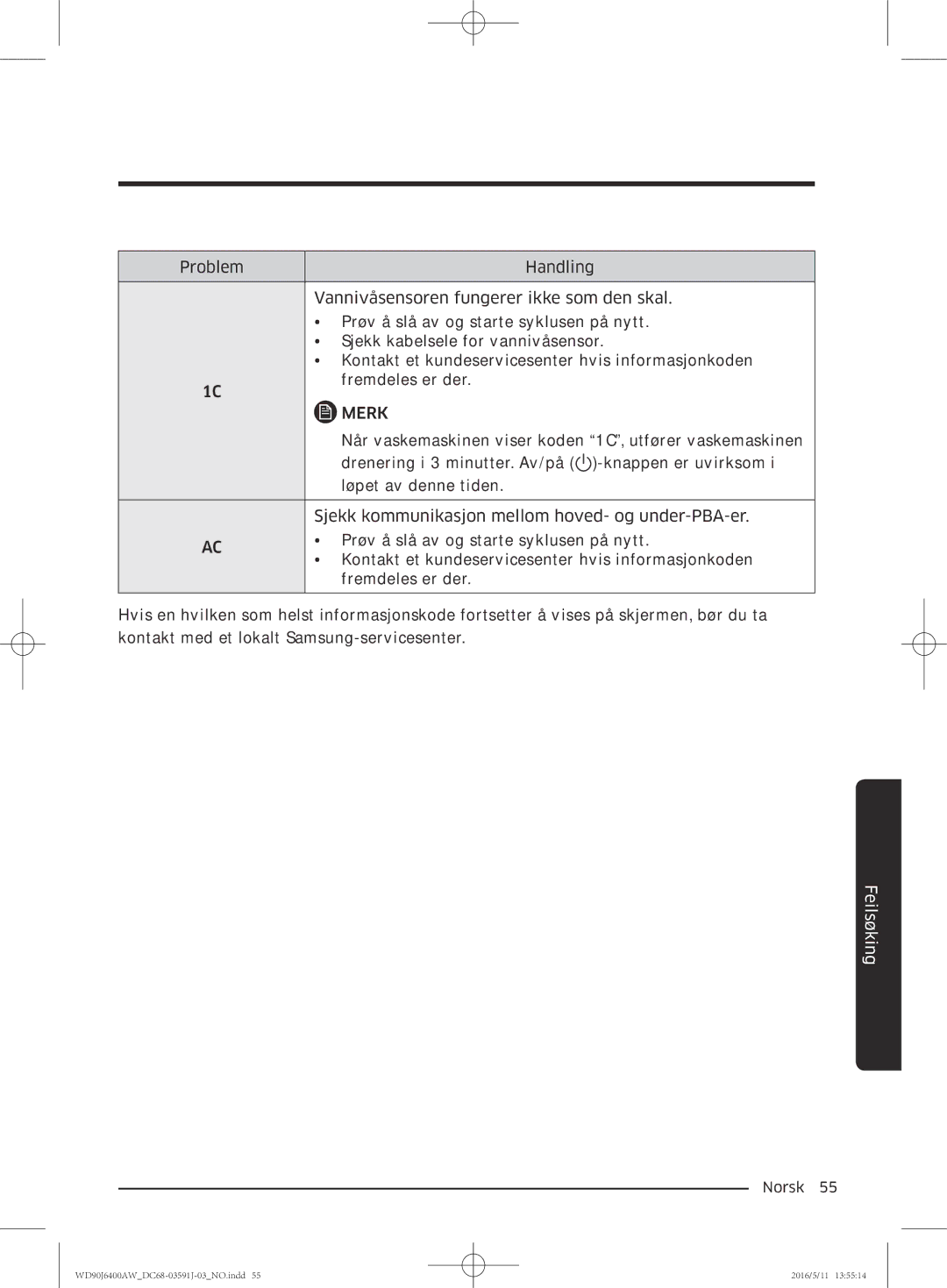 Samsung WD80J6400AW/EG, WD90J6400AW/EG, WD80J6400AW/WS manual Når vaskemaskinen viser koden 1C, utfører vaskemaskinen 