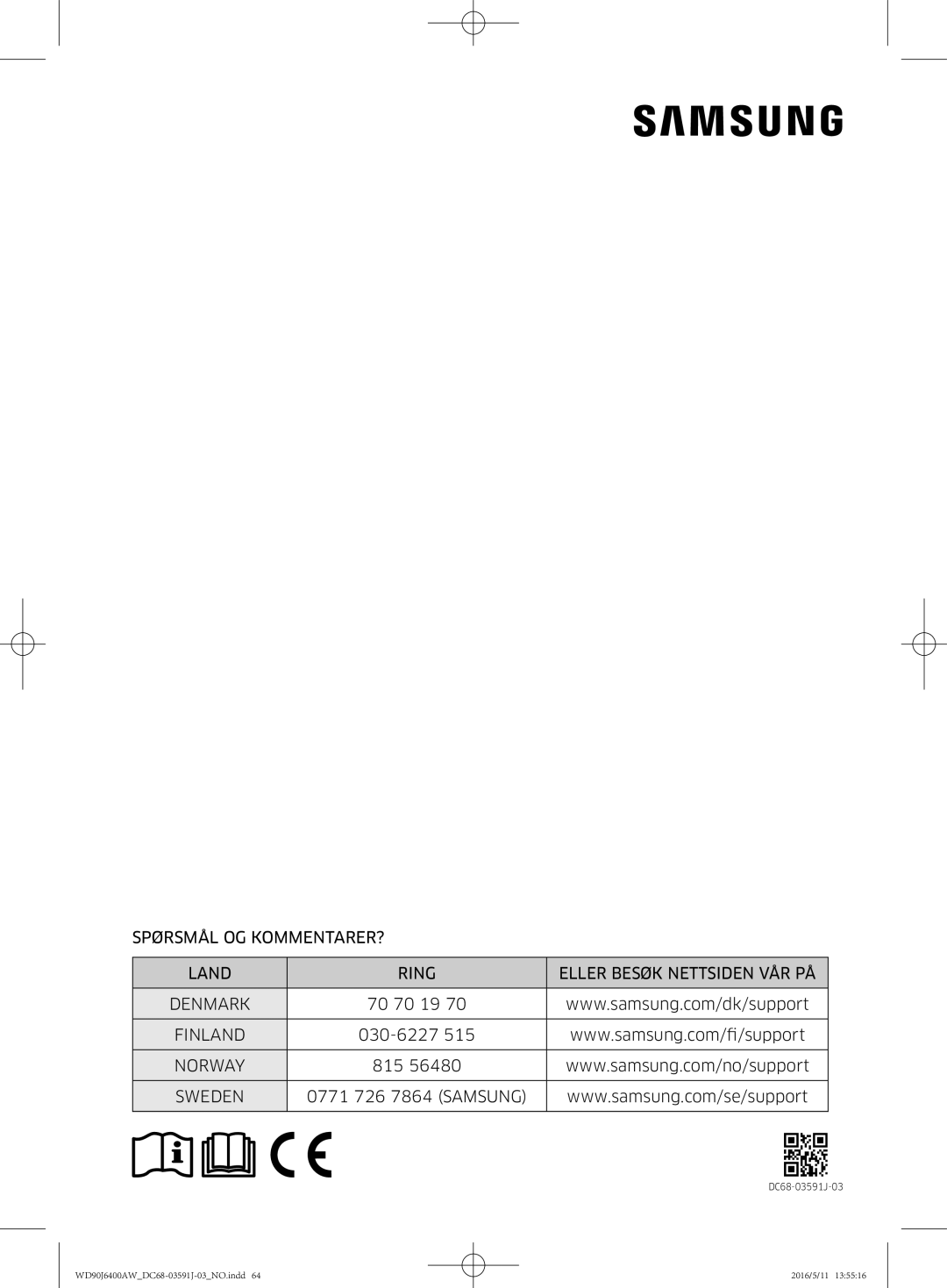 Samsung WD90J6400AX/EE, WD90J6400AW/EG, WD80J6400AW/EG manual DC68-03591J-03 WD90J6400AWDC68-03591J-03NO.indd 2016/5/11 