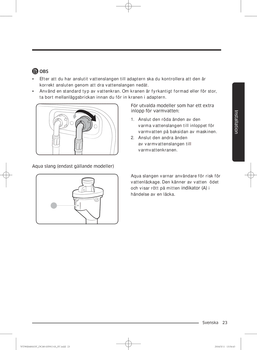 Samsung WD80J6400AW/EE, WD90J6400AW/EG, WD80J6400AW/EG, WD80J6400AW/WS, WD90J6400AX/EE, WD90J6400AW/EE manual Obs 